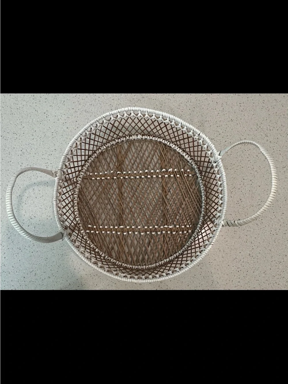 Handwoven White and Natural Round Wicker Basket with Handles